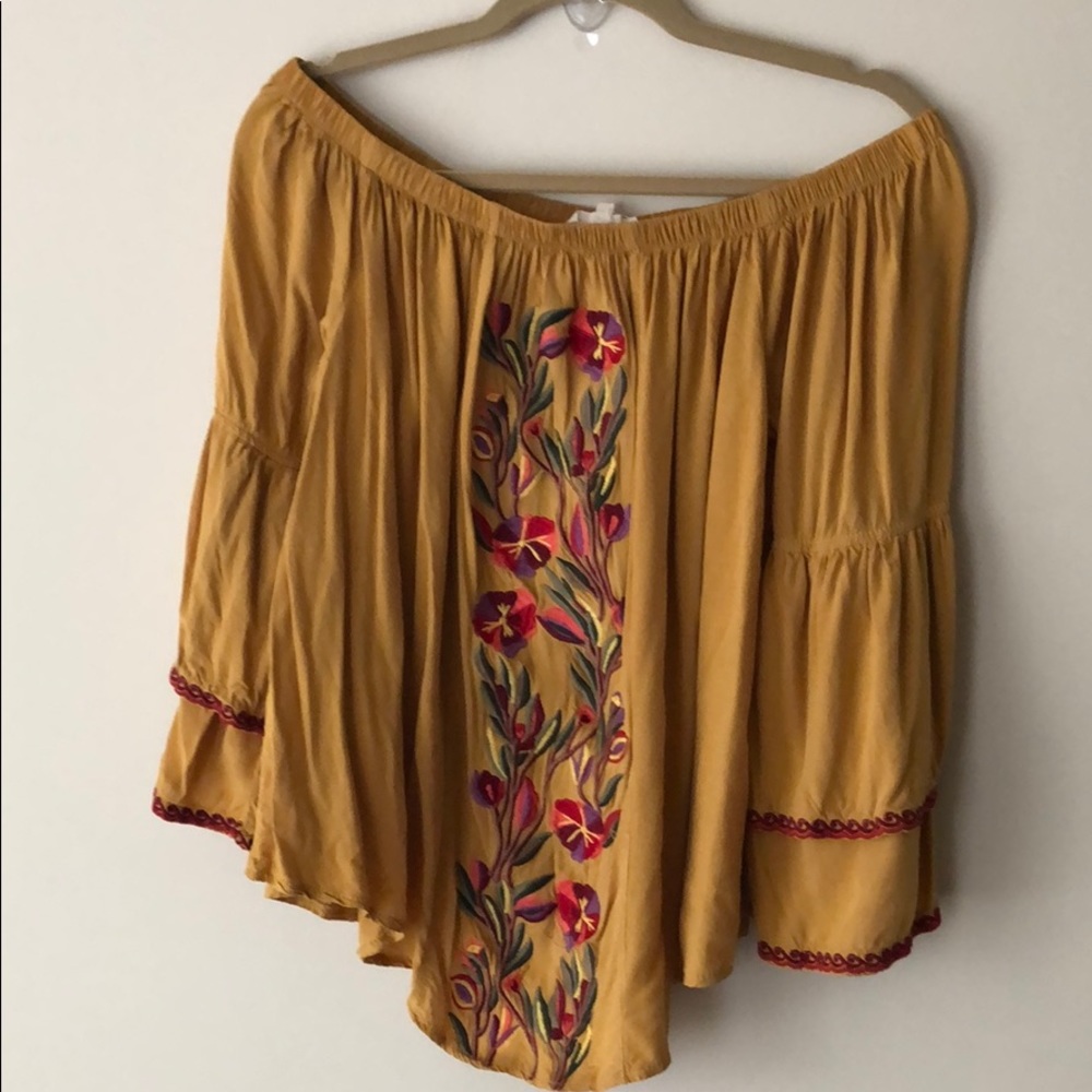 Solitaire off the shoulder mustard embroidered top